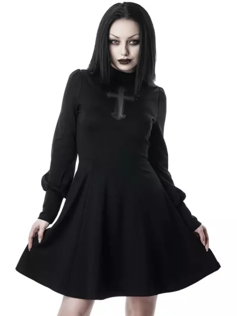 Gothic Killstar Black Long Sleeve Fit-and-Flare Dress with Cross Appliqué